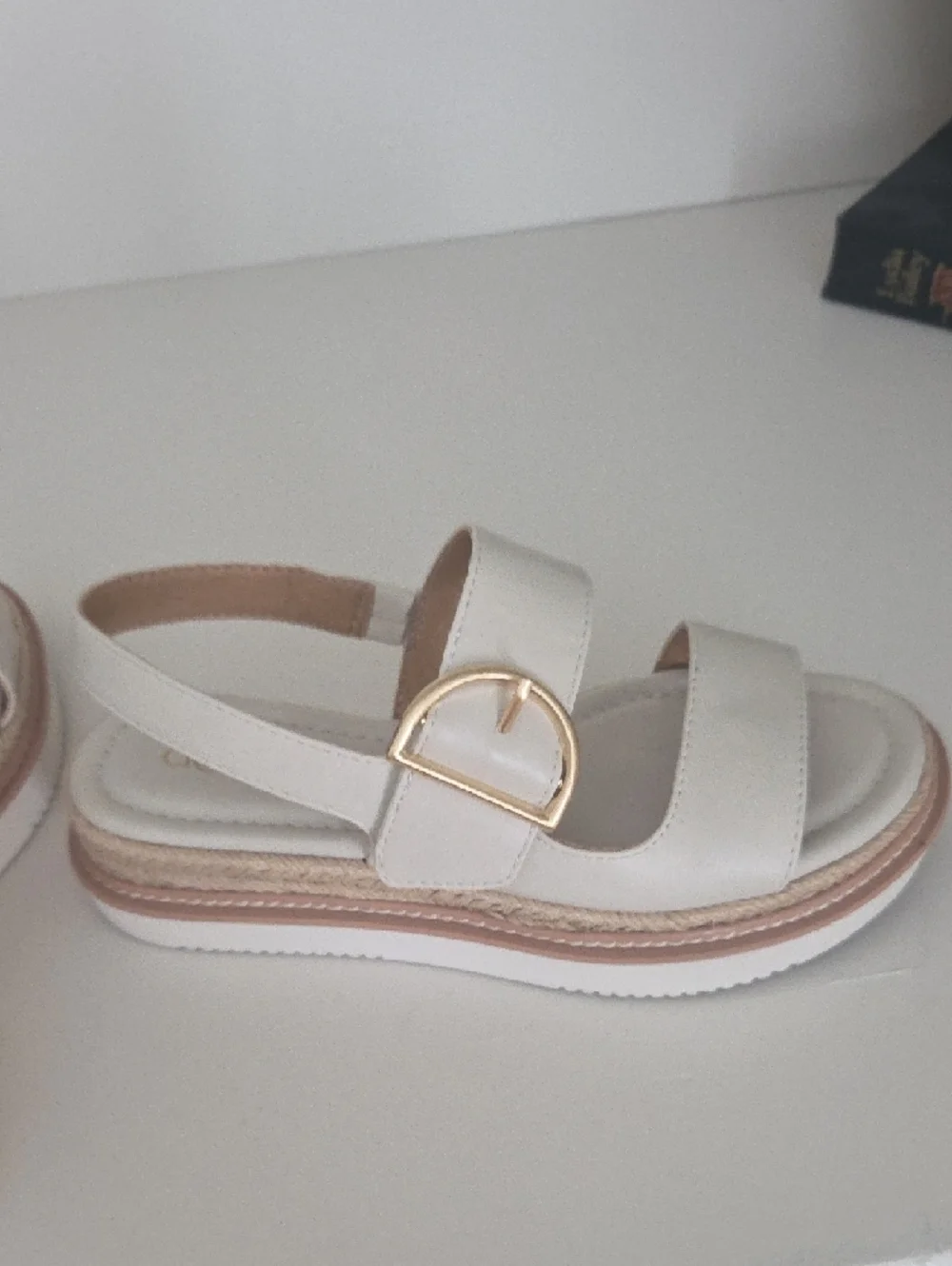 Crown Vintage Cream Platform Sandals with Gold Buckle